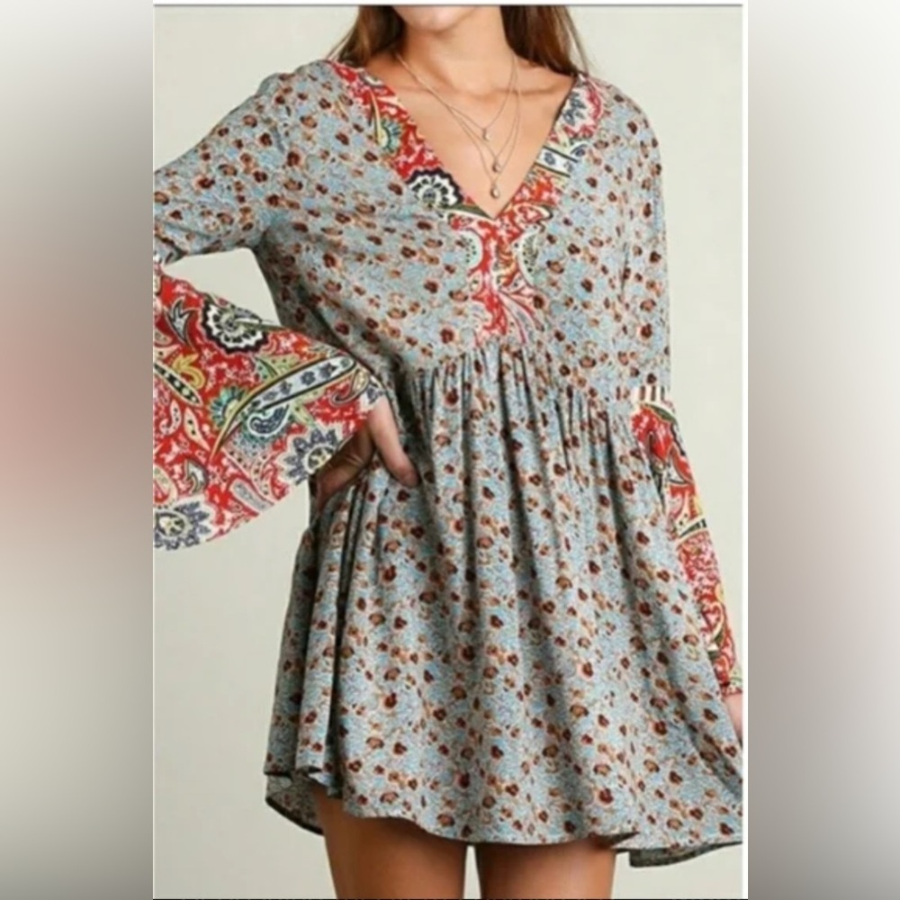 Umgee Mixed Print Patchwork Peasant Dress